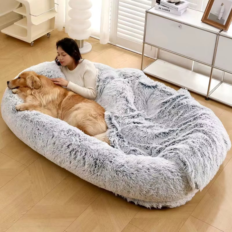 Human and Dog Bed,Suitable for Large,Washable,Made of Artificial Fur,A Large Dog Bed Integrated with a Dog Blanket for Warmth.