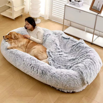 Human and Dog Bed,Suitable for Large,Washable,Made of Artificial Fur,A Large Dog Bed Integrated with a Dog Blanket for Warmth.
