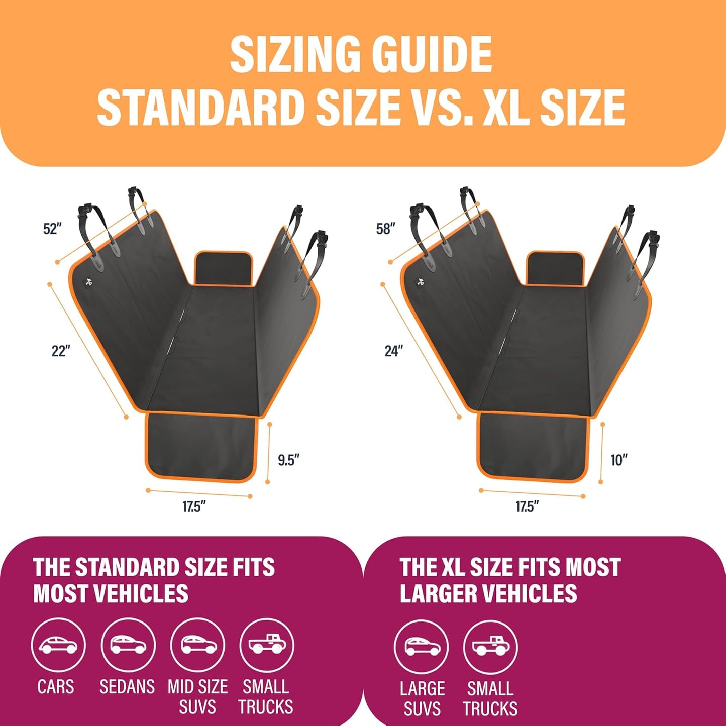 XL Waterproof Hammock Large Car Seat Cover, Fits Suvs Trucks Big Sedans, Secure Convertible Travel Bed Protects Backseat Cargo from Dog Puppy Pet Water Food Drool Urine, Black Orange Trim