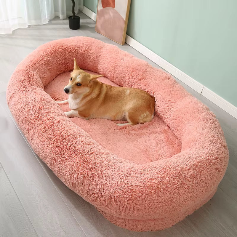 Human and Dog Bed,Suitable for Large,Washable,Made of Artificial Fur,A Large Dog Bed Integrated with a Dog Blanket for Warmth.