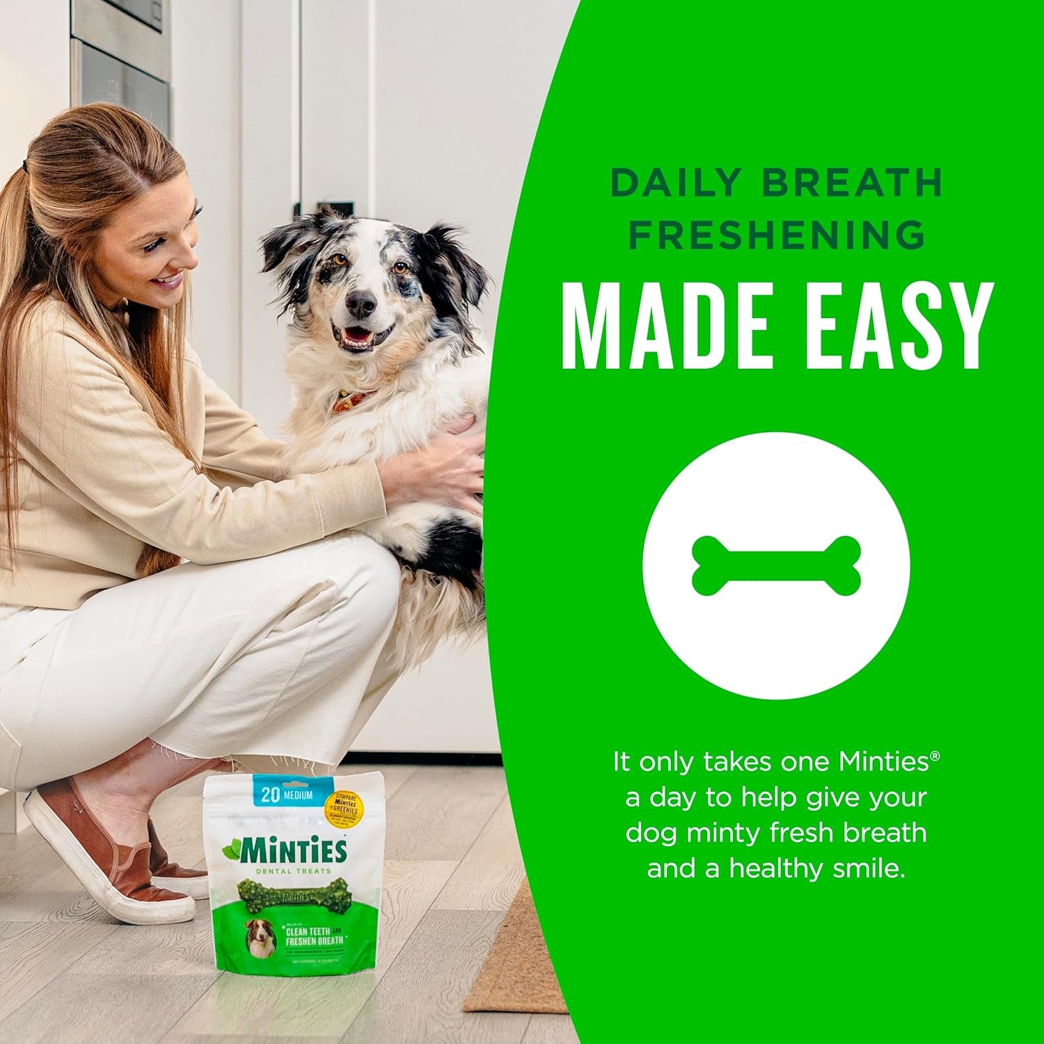 Dental Chews for Dogs, 20 Count, Vet-Recommended Mint-Flavored Treats for Medium Dogs 25-50 Lbs, Dental Bones Clean Teeth, Fight Bad Breath, and Removes Plaque and Tartar