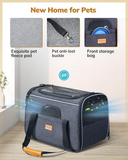 Cat Carrier - Cat Carrier Soft for Medium or Large Cats up to 20Lbs, with Dual-Sided Cushion, Secure Buckle and Foldable Bowl, Dog Carriers for Small Dogs - Pet Carrier (Dark Gray)