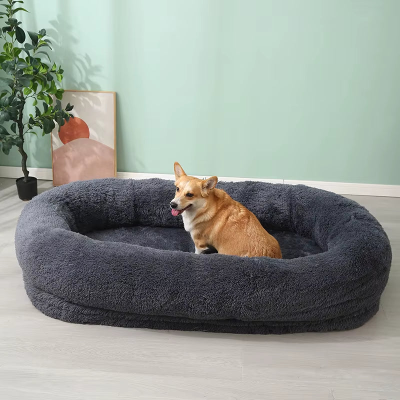 Human and Dog Bed,Suitable for Large,Washable,Made of Artificial Fur,A Large Dog Bed Integrated with a Dog Blanket for Warmth.