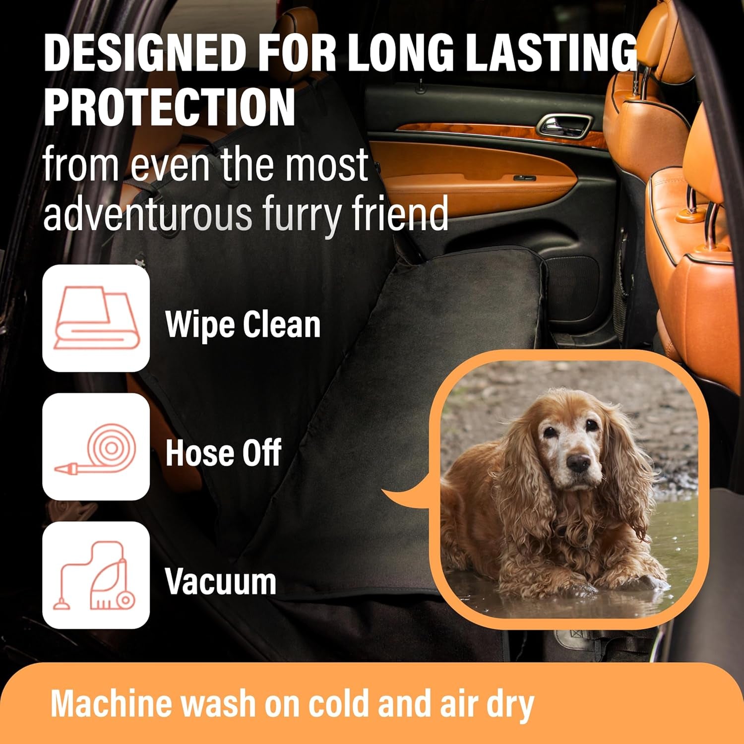 XL Waterproof Hammock Large Car Seat Cover, Fits Suvs Trucks Big Sedans, Secure Convertible Travel Bed Protects Backseat Cargo from Dog Puppy Pet Water Food Drool Urine, Black Orange Trim