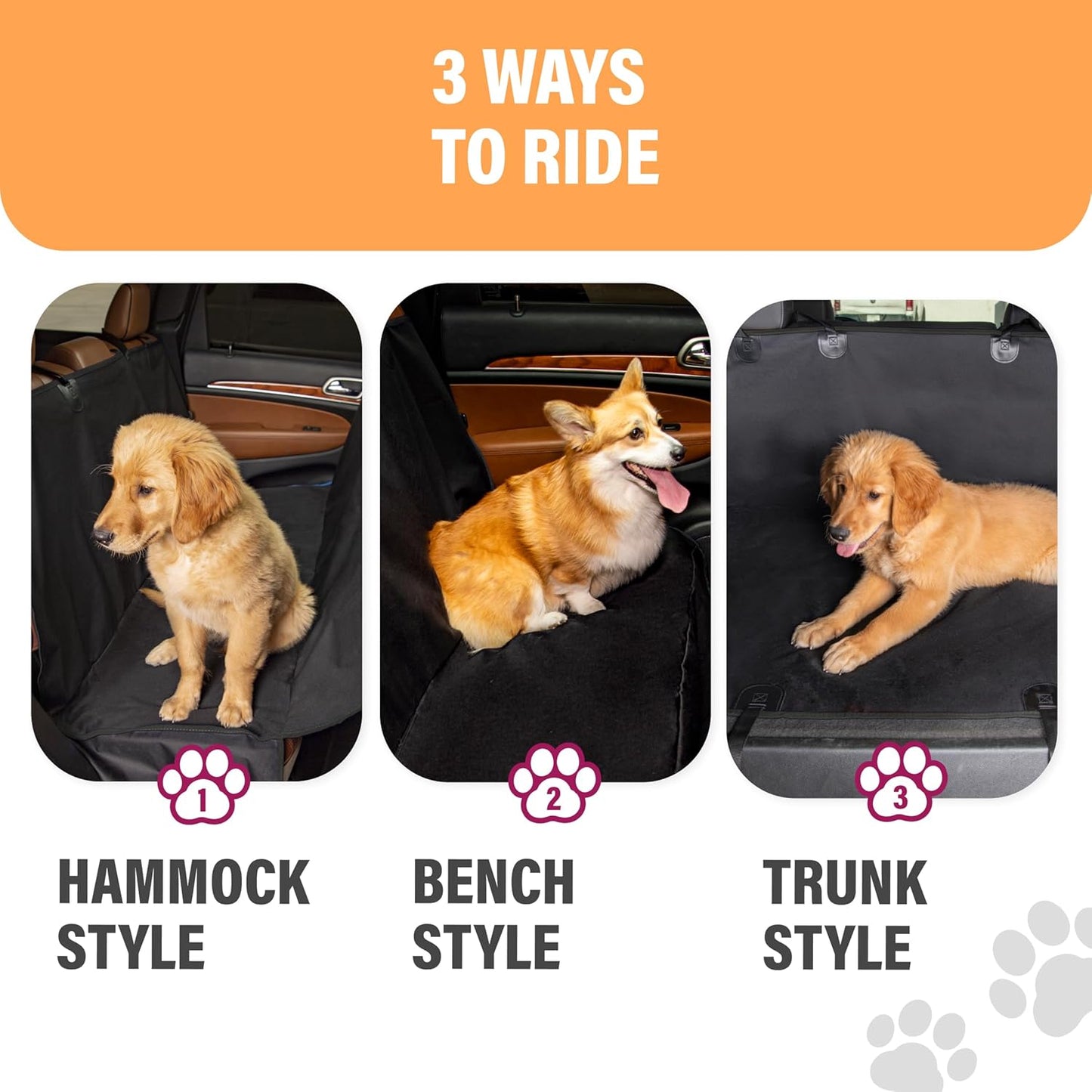 XL Waterproof Hammock Large Car Seat Cover, Fits Suvs Trucks Big Sedans, Secure Convertible Travel Bed Protects Backseat Cargo from Dog Puppy Pet Water Food Drool Urine, Black Orange Trim
