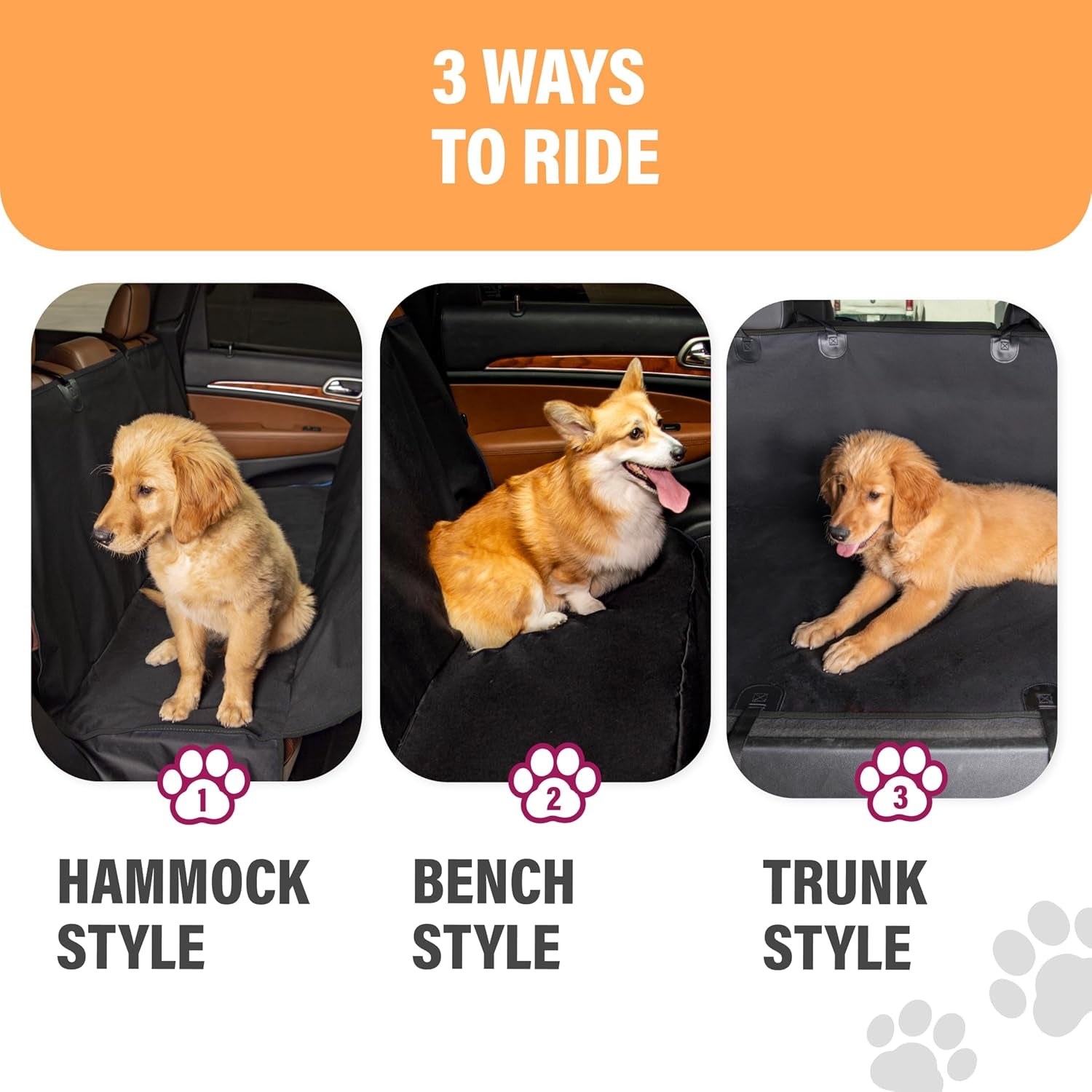 XL Waterproof Hammock Large Car Seat Cover, Fits Suvs Trucks Big Sedans, Secure Convertible Travel Bed Protects Backseat Cargo from Dog Puppy Pet Water Food Drool Urine, Black Orange Trim