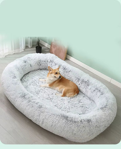 Human and Dog Bed,Suitable for Large,Washable,Made of Artificial Fur,A Large Dog Bed Integrated with a Dog Blanket for Warmth.