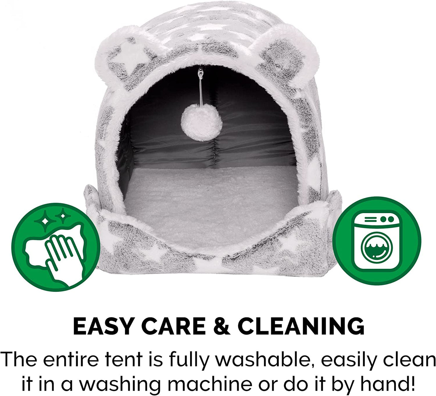 Cat Bed Snuggle Hideout for Indoor Cats & Small Dogs, Washable & Foldable W/ Plush Ball Toy - Snuggle Hideout-Bear Pet Tent - Silver Stars, Small