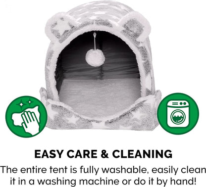Cat Bed Snuggle Hideout for Indoor Cats & Small Dogs, Washable & Foldable W/ Plush Ball Toy - Snuggle Hideout-Bear Pet Tent - Silver Stars, Small