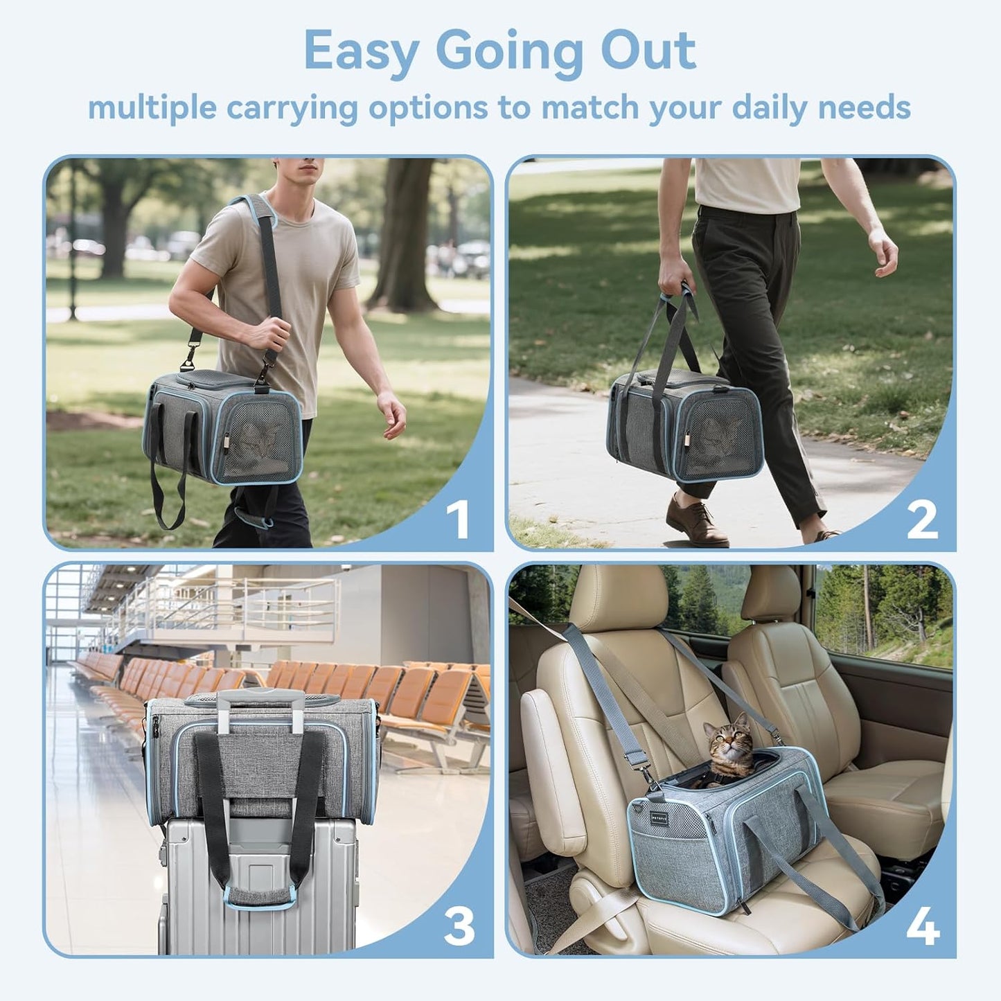 Expandable Small Cat Carriers Dog Carrier, Airline Approved Soft-Sided Portable Washable Pet Travel Carrier with Two Extension up to 9LB